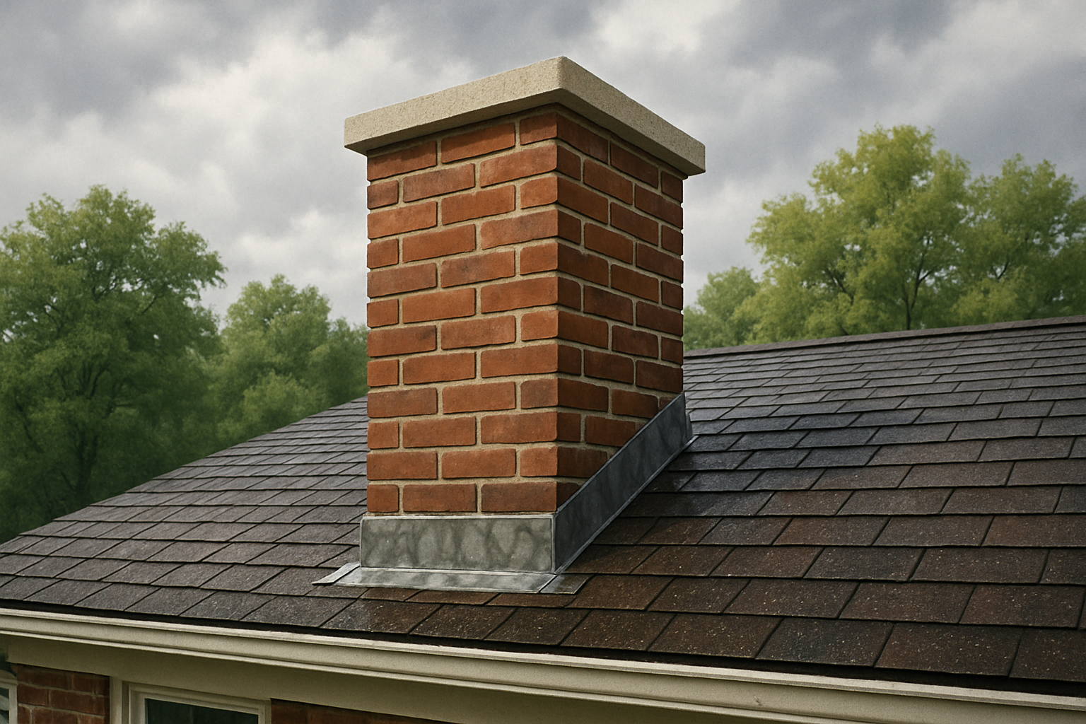 A detailed exterior view of a brick chimney on a suburban White Marsh Maryland home after an August rainstorm, showing damp roof shingles, cloudy humid sky, green summer trees, and a close-up focus on the chimney crown and flashing area