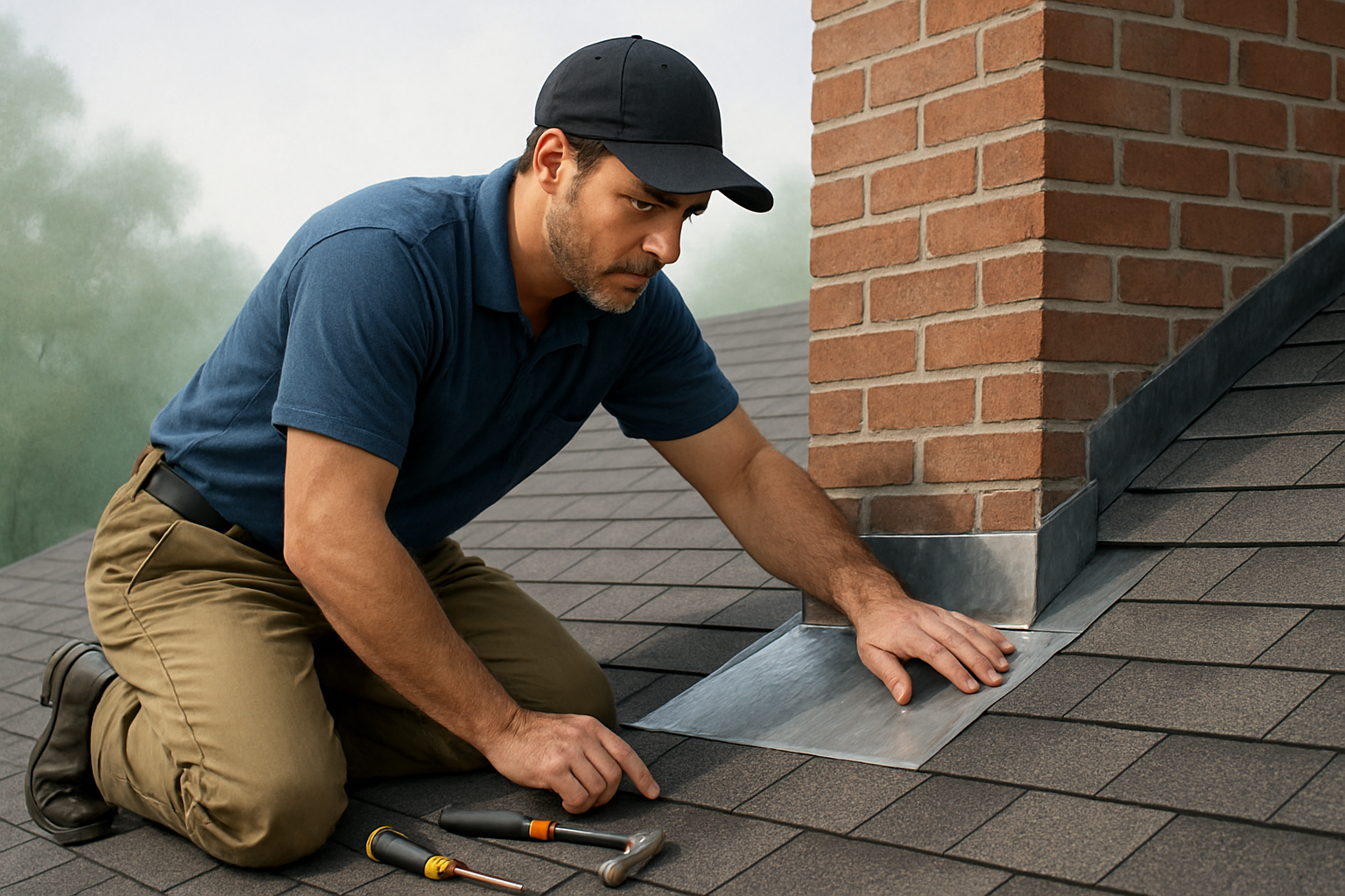A professional contractor inspecting metal chimney flashing on a pitched asphalt shingle roof in White Marsh MD, with tools nearby, summer humidity in the air, and visible brick chimney masonry details