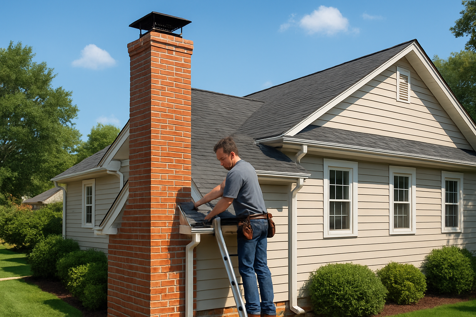 A completed chimney repair on a well-maintained suburban Maryland home, showing clean repointed brickwork, new chimney cap, properly sealed flashing, blue late-summer sky, and neatly landscaped yard