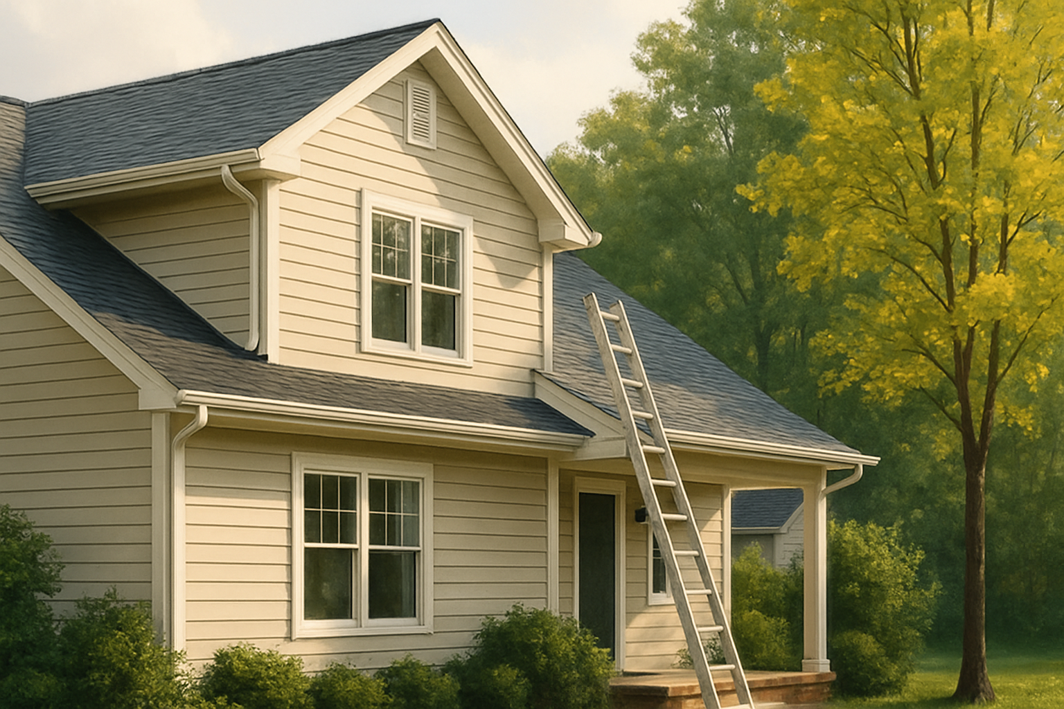 A residential home in White Marsh Maryland in early September with clean siding, a ladder safely positioned near the roofline, gutters visible along the eaves, green trees beginning to show hints of yellow, and soft late-summer sunlight after a rain shower