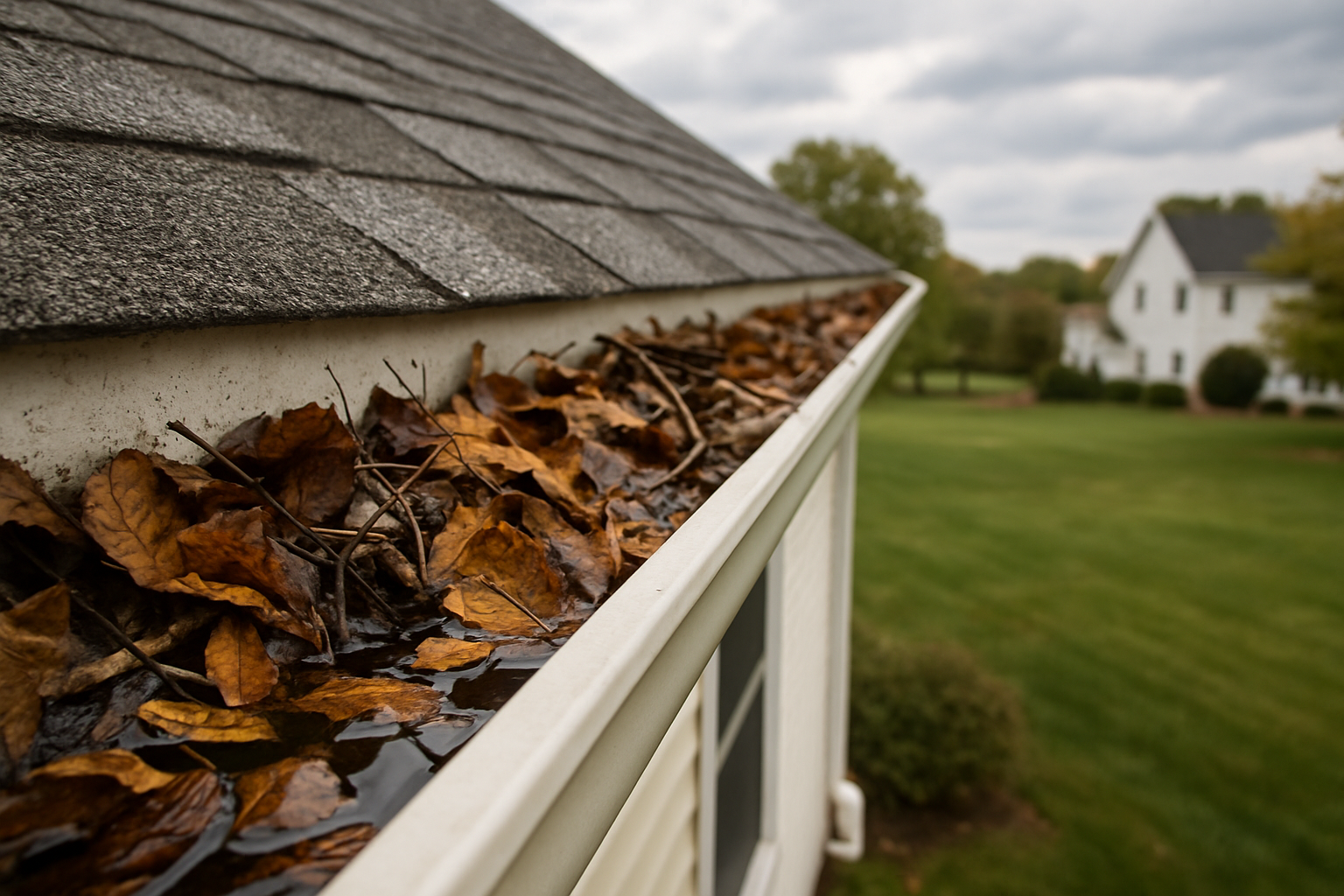 Close-up view of a clogged residential gutter filled with wet leaves, small twigs, roof granules, and standing rainwater, with a White Marsh suburban yard and cloudy September sky in the background