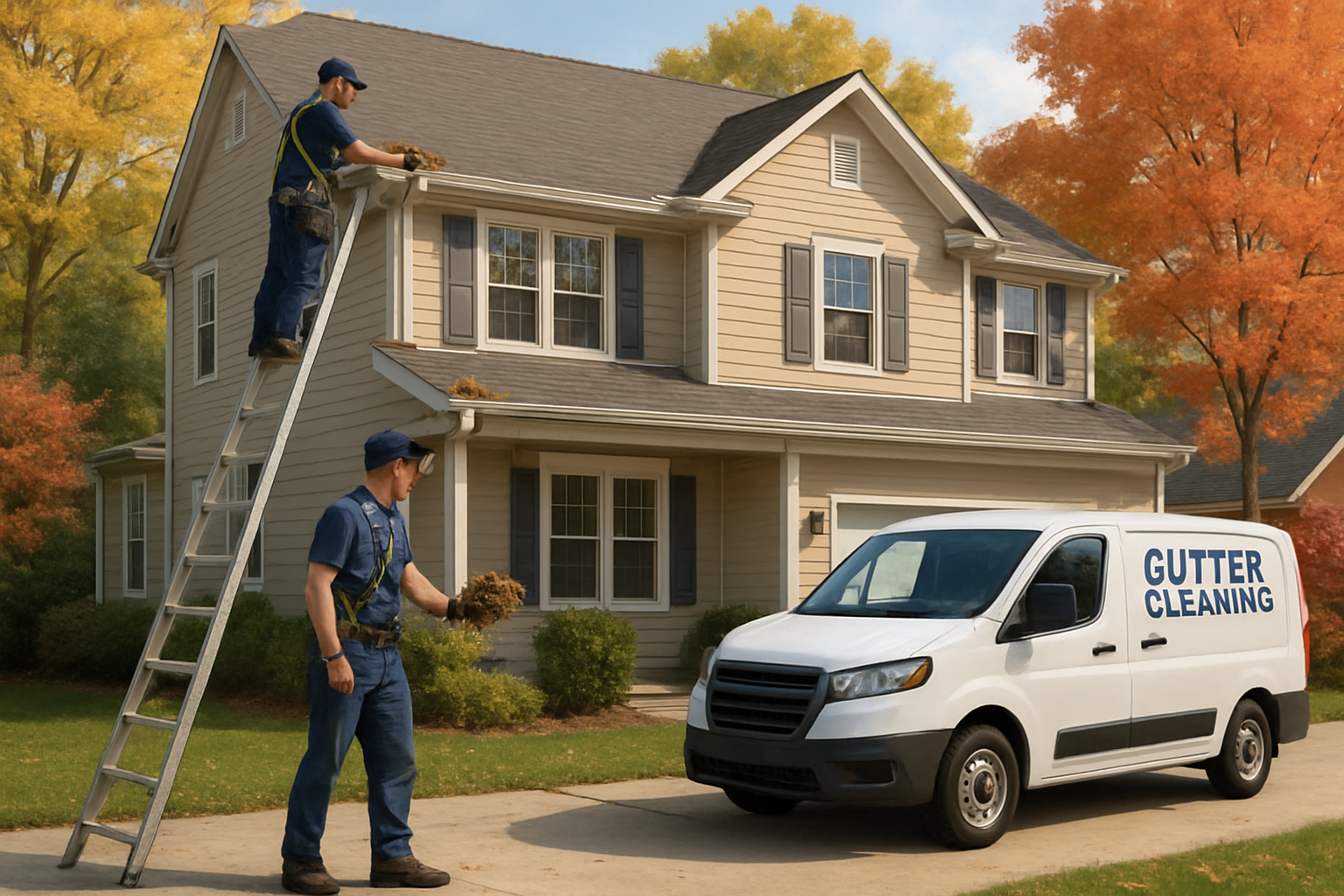 Professional gutter cleaning crew working on a two-story Maryland home, wearing safety gear, removing leaves from gutters, with a branded work vehicle parked in the driveway and early autumn trees around the property