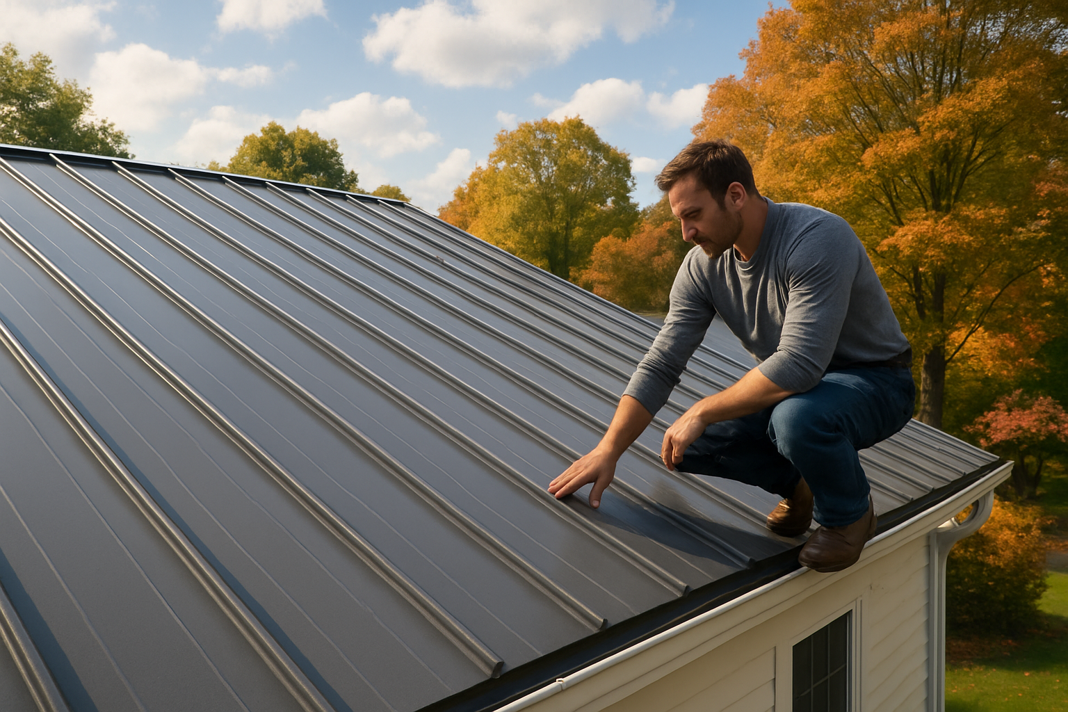A clean standing seam metal roof on a suburban White Marsh Maryland home in early September, with partly cloudy skies, mature trees beginning to show fall color, and a roofing professional inspecting panels near the gutter line