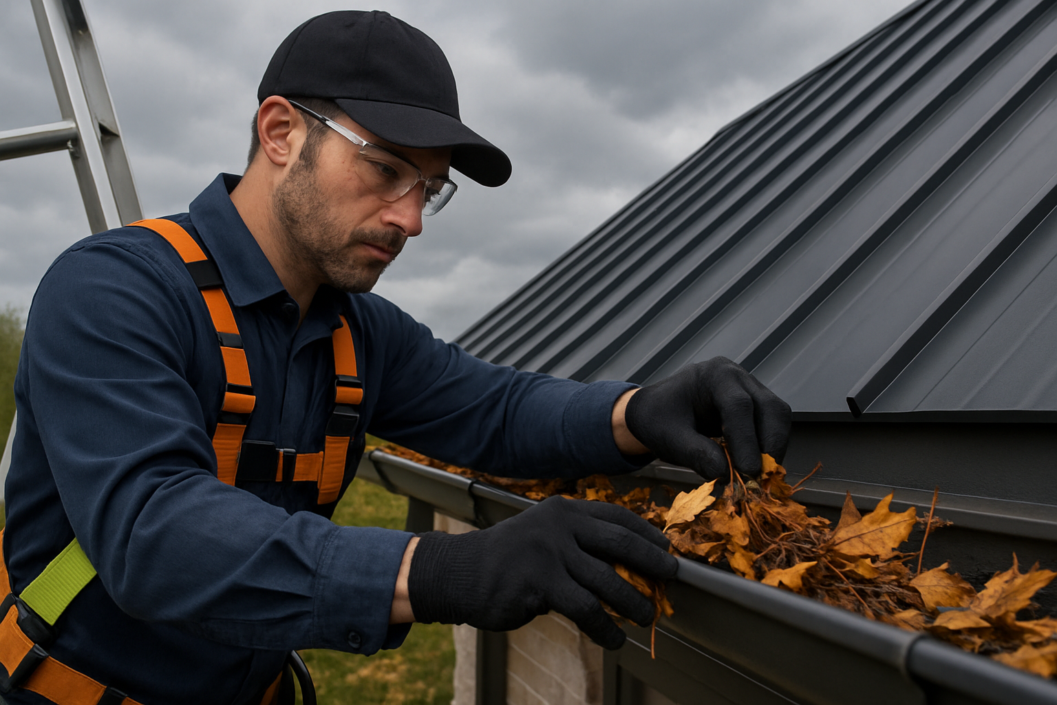 Close-up of a roofing technician wearing safety gear cleaning autumn leaves and small branches from a gutter attached to a dark metal roof on a White Marsh Maryland property, with overcast September storm clouds in the background