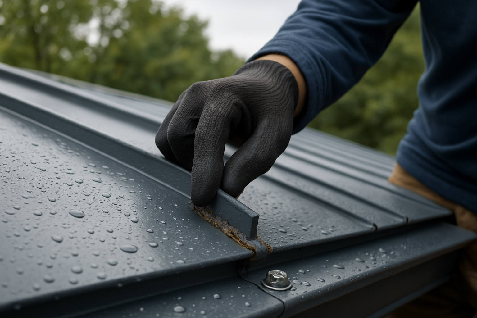 Detailed close-up of a metal roof seam and fasteners being inspected by a gloved roofing professional, showing minor sealant wear and water droplets after a September rainstorm in White Marsh Maryland