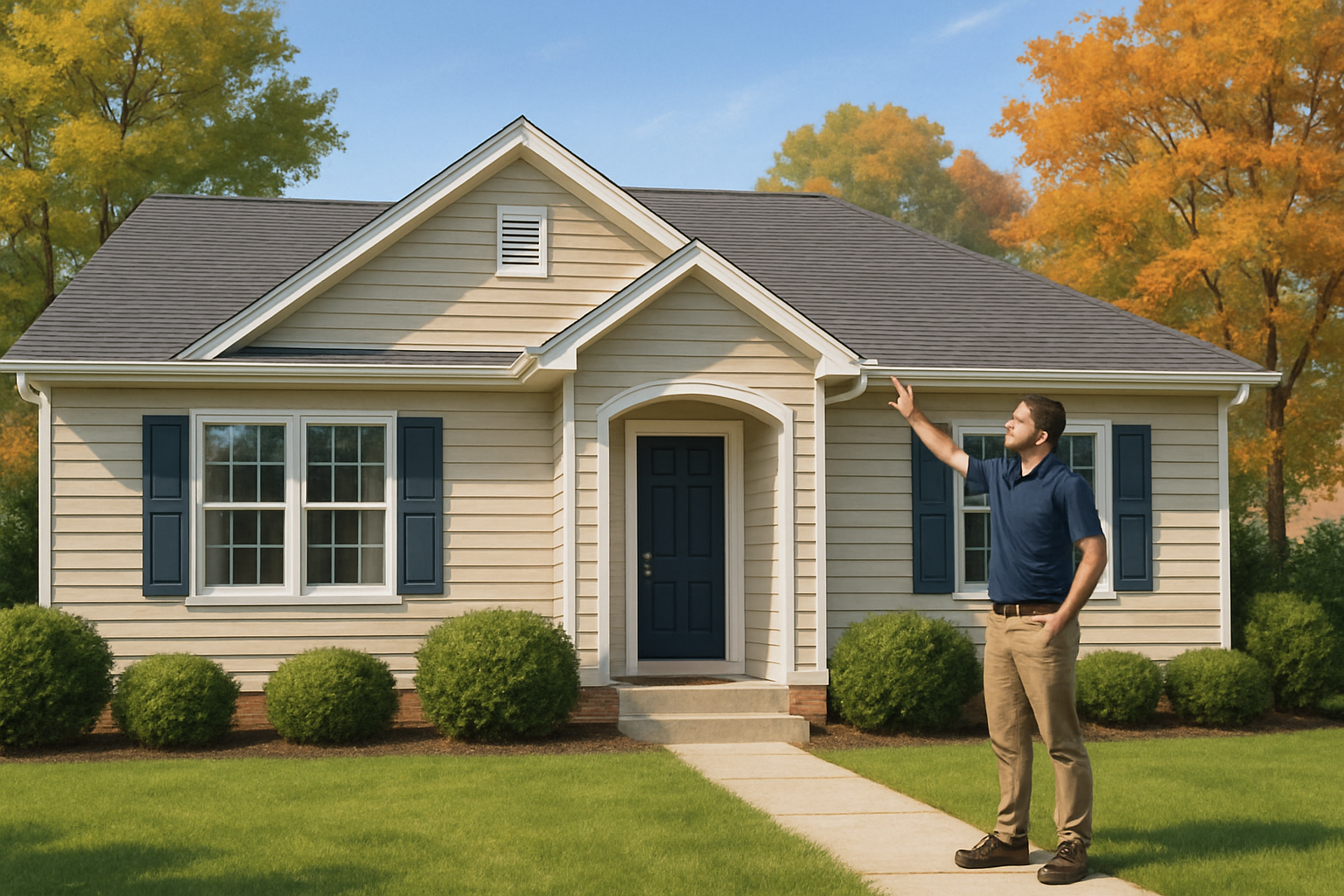 A well-maintained suburban home exterior in White Marsh Maryland in early September, with clean siding, mature trees just beginning to show hints of fall color, a clear blue sky, and a contractor inspecting the front gutters from the lawn