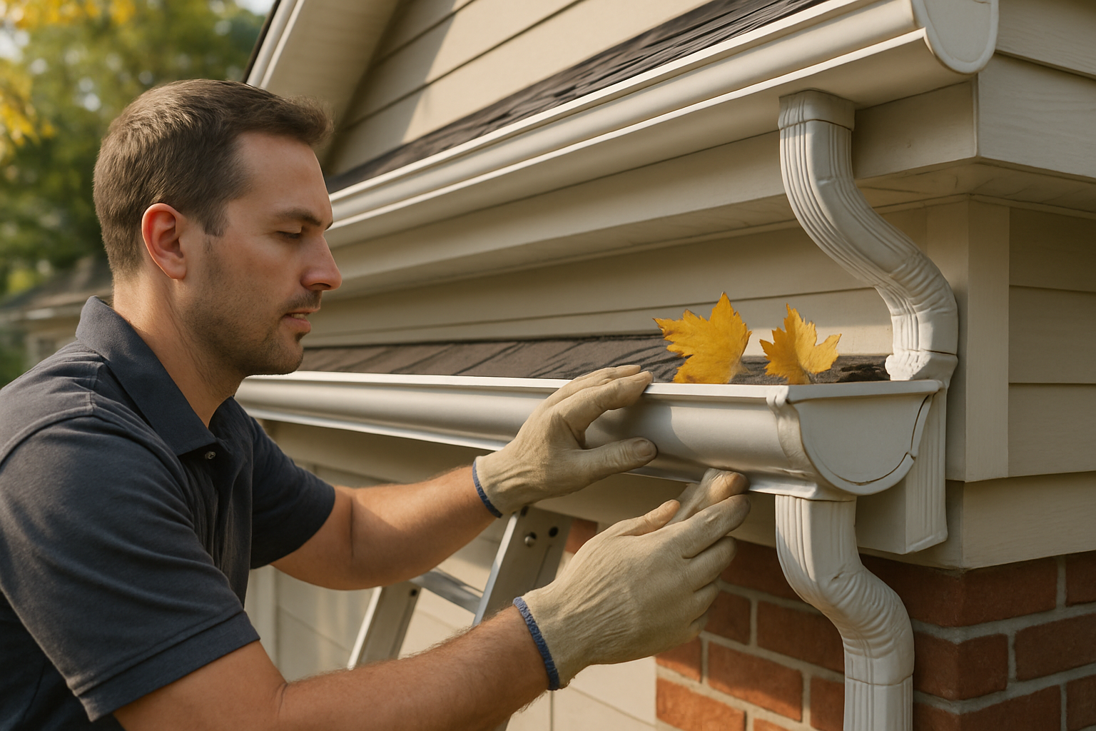 Close-up of clean aluminum gutters and downspouts on a Maryland home exterior with a few yellow leaves nearby, a professional contractor wearing work gloves checking the gutter alignment on a ladder, soft September afternoon light