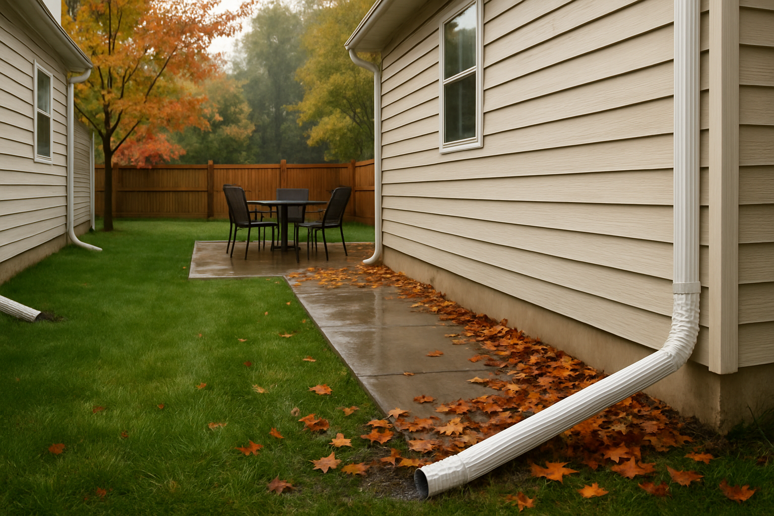 A White Marsh Maryland backyard in early fall after a light rain, showing a home exterior with extended downspouts directing water away from the foundation, damp grass, clean siding, and colorful leaves beginning to collect near a patio
