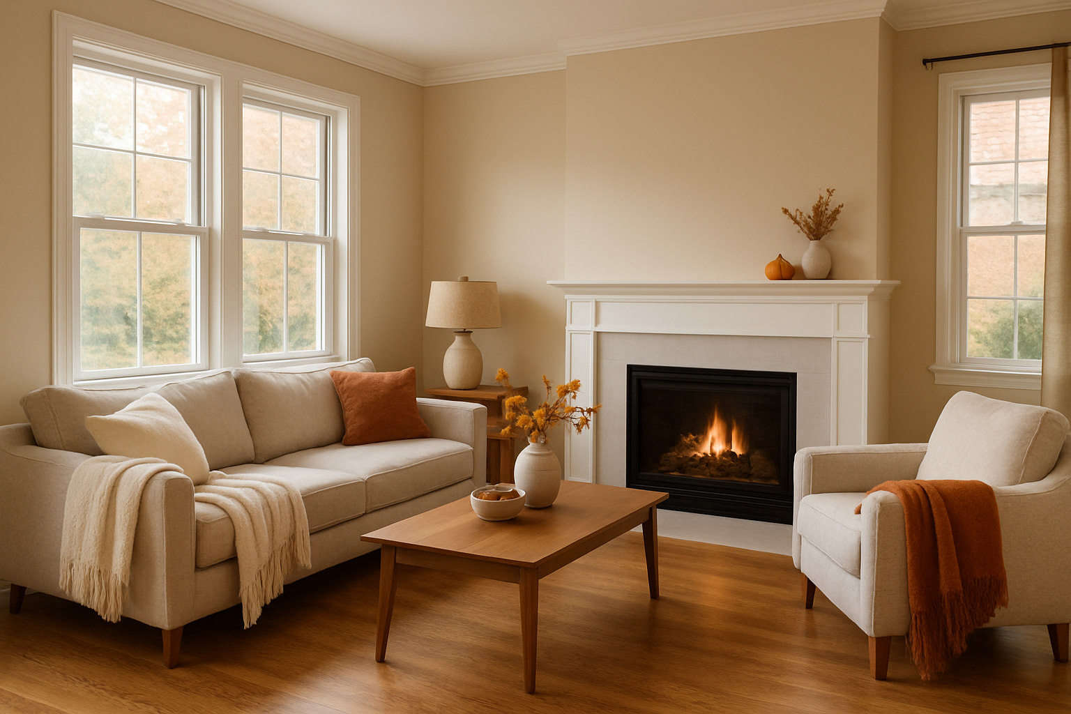 A welcoming remodeled interior living room in a White Marsh Maryland home during early fall, with warm neutral walls, hardwood floors, soft natural light through windows, cozy throw blankets, subtle autumn decor, and a clean modern fireplace focal point