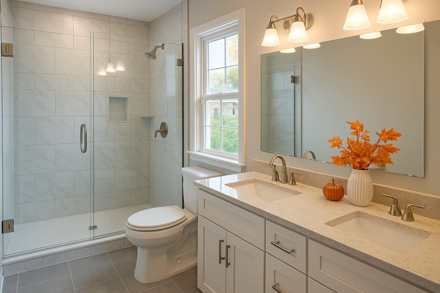 A freshly remodeled bathroom in a Maryland suburban home with a walk-in tiled shower, brushed nickel fixtures, double vanity, warm lighting, clean white and gray finishes, and small autumn accents on the countertop