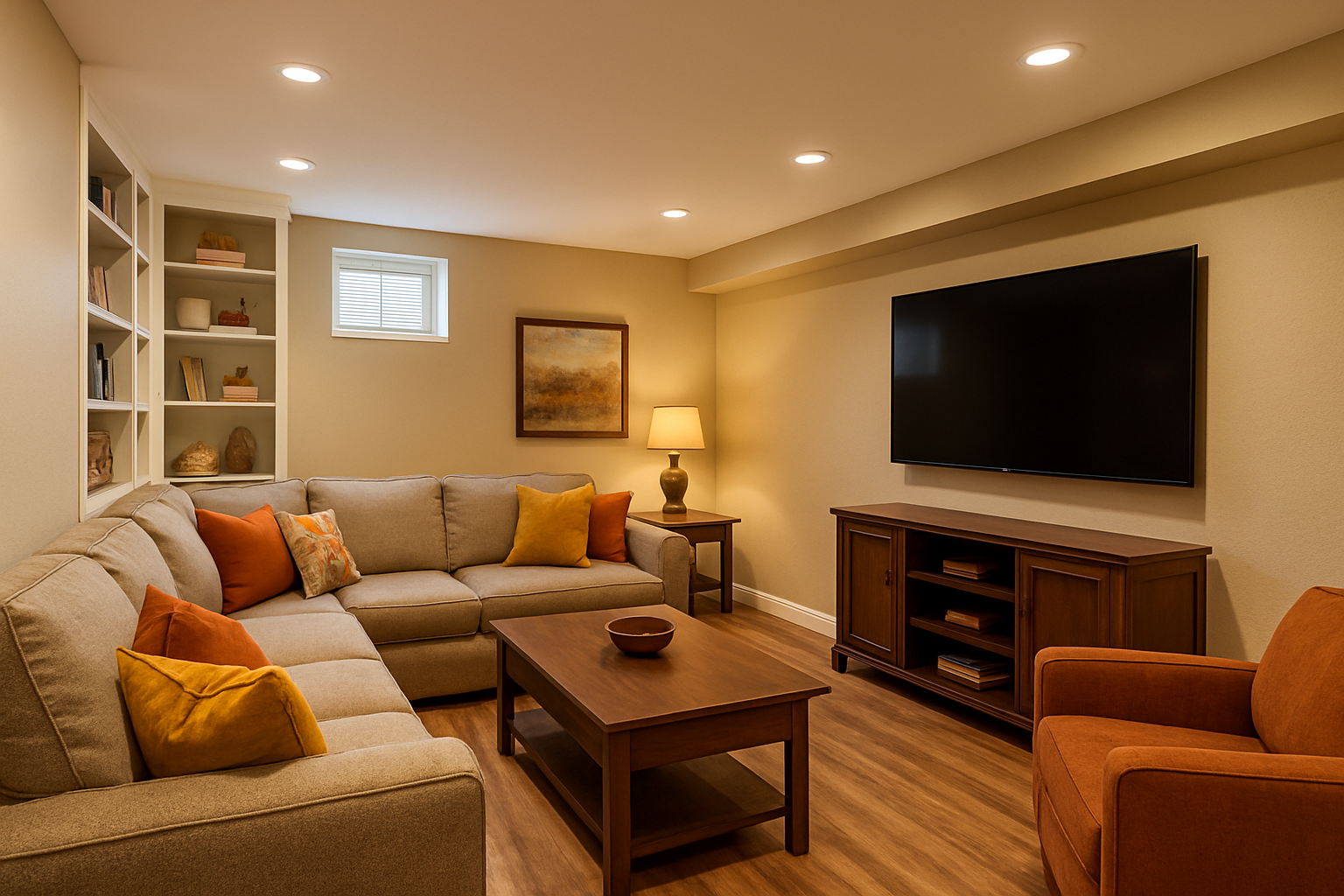 A cozy remodeled basement family room in White Marsh Maryland with recessed lighting, luxury vinyl plank flooring, sectional sofa, built-in shelves, wall-mounted television, warm fall colors, and a comfortable entertainment area