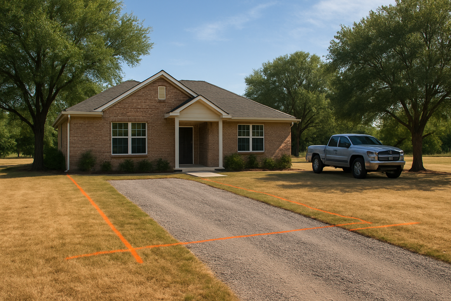 A residential property in Bells, Texas on a bright July morning, with a gravel and grass driveway area marked for a future concrete driveway, mature trees, dry summer lawn, orange layout paint, and a pickup truck parked nearby under a blue sky