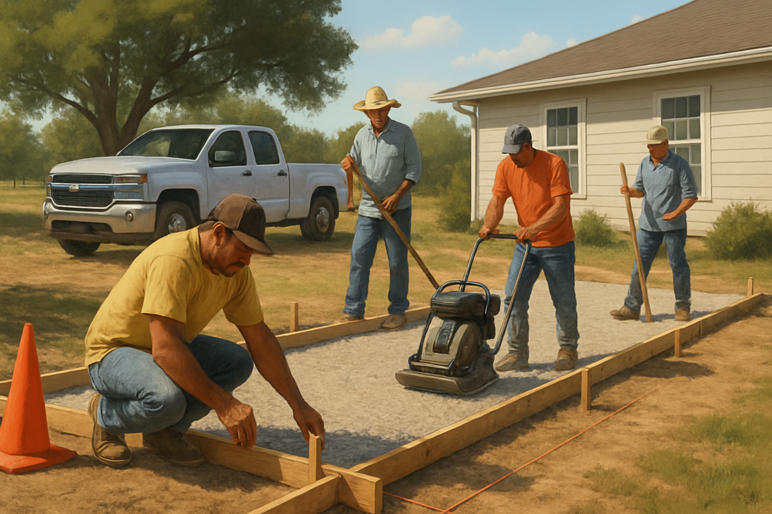 A concrete crew preparing a driveway site in North Texas summer heat, with workers setting wooden forms, compacting a gravel base, orange cones, string lines, and a shaded work truck beside a rural home in Bells, TX