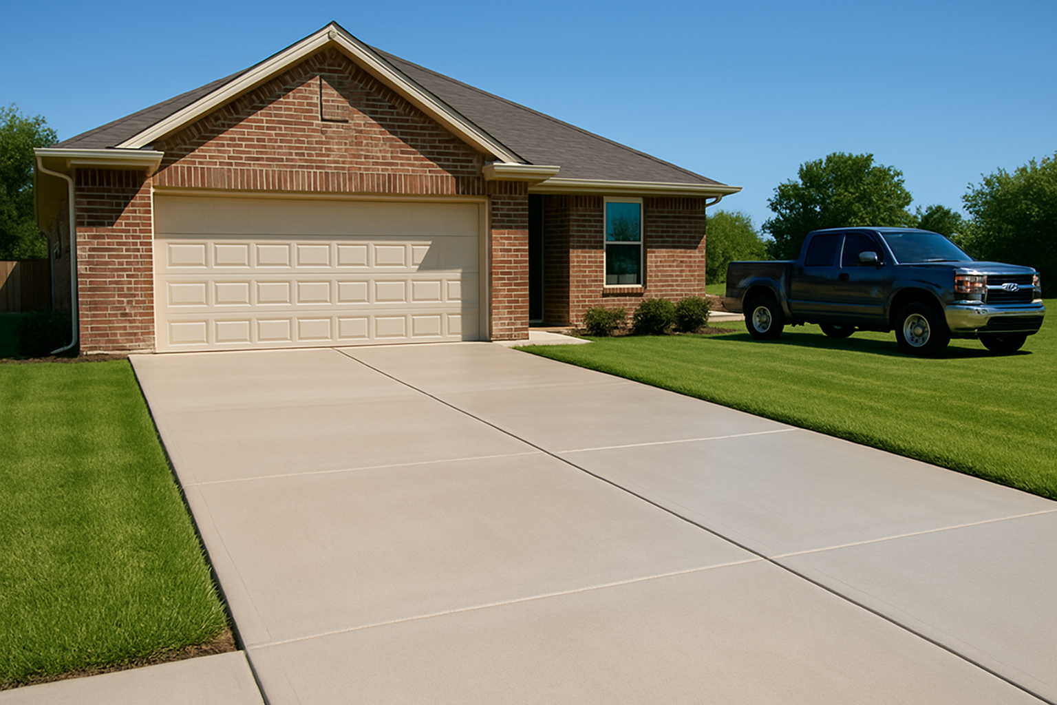 A finished smooth concrete driveway in front of a clean brick home in Bells, Texas, fresh saw-cut control joints, bright July sunlight, green lawn edges, pickup truck parked off to the side, and clear blue summer sky