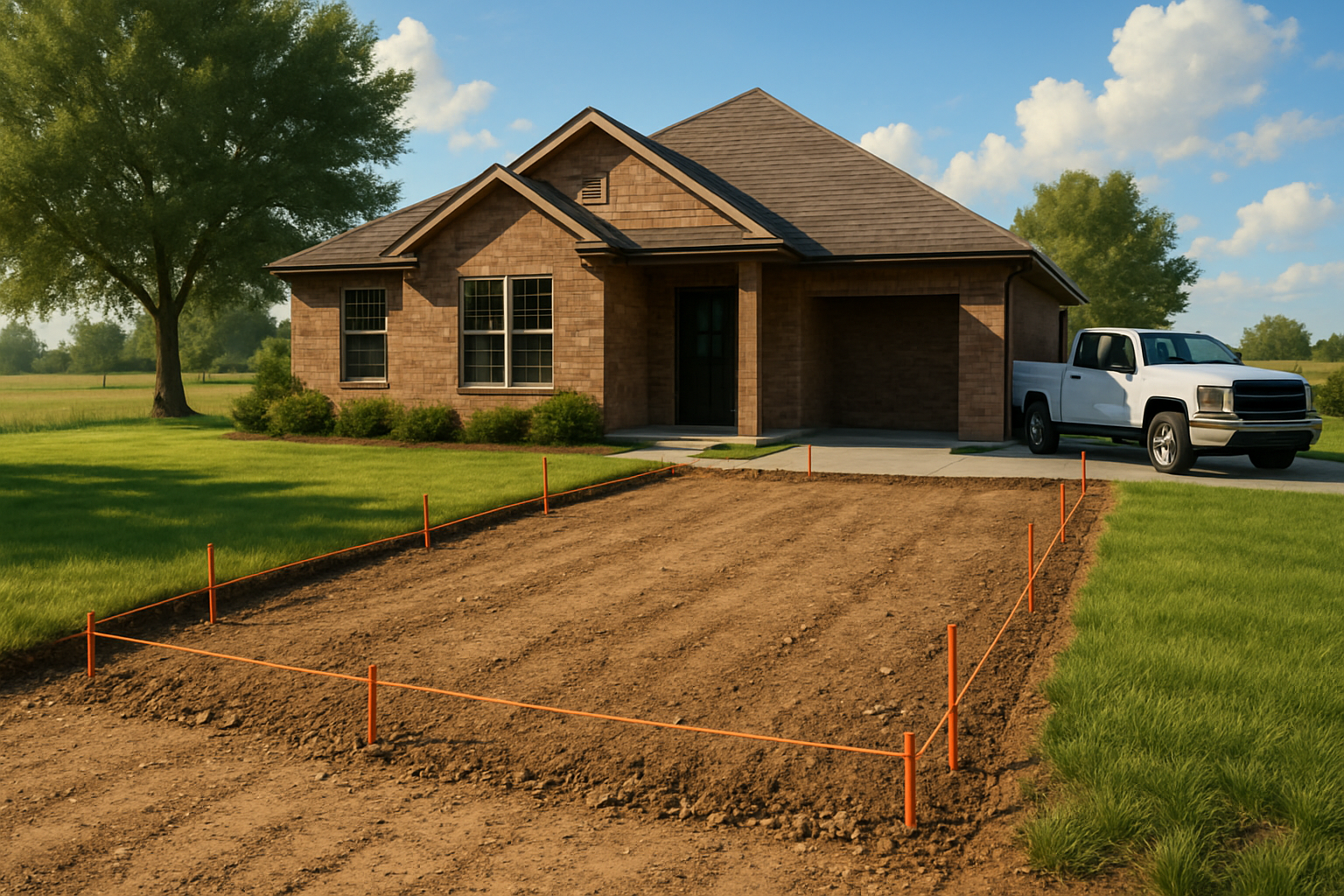A residential property in Bells, Texas on a sunny August morning, with a prepared dirt and gravel area marked for a new concrete driveway, orange stakes and string lines in place, green grass nearby, a pickup truck in the background, and bright North Texas summer sky overhead
