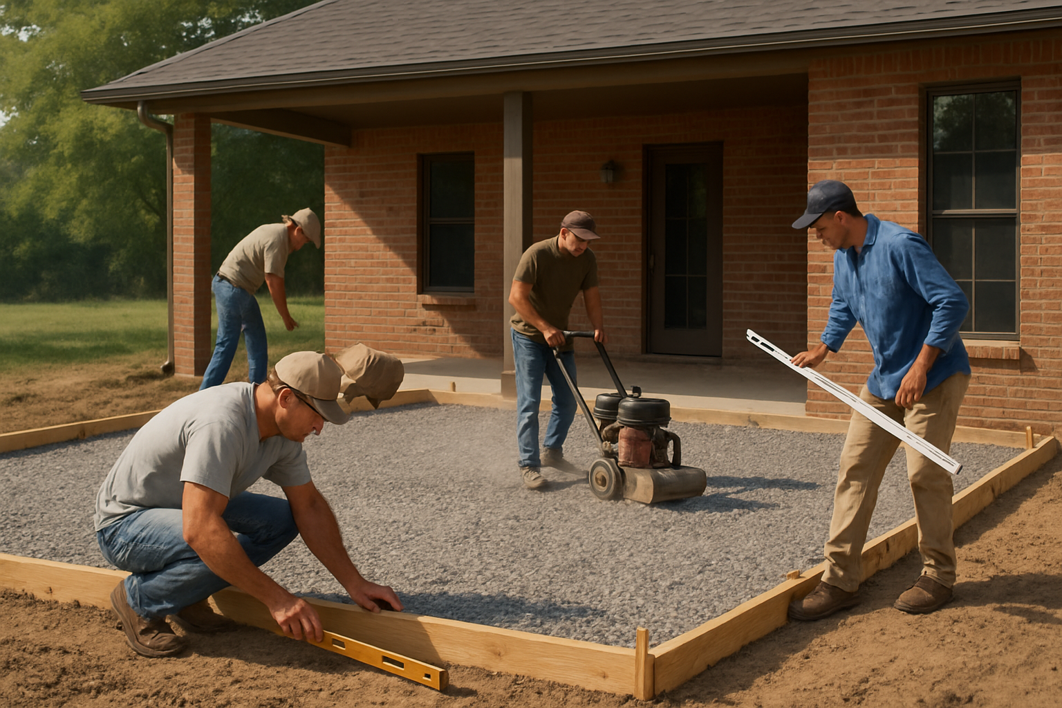 A concrete crew in Bells, Texas preparing a residential patio area in August, with workers setting wooden forms, compacting a gravel base, checking slope with levels, and a shaded porch and brick home visible in the background