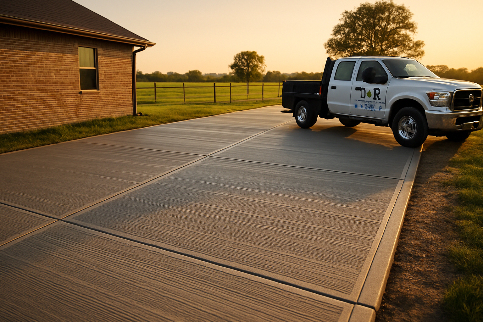 Finished broom-finished concrete driveway at a rural Bells, Texas home in late summer, clean control joints, fresh edges, green pasture and fencing nearby, warm evening sunlight, and a D and R Concrete Construction LLC style work truck parked to the side