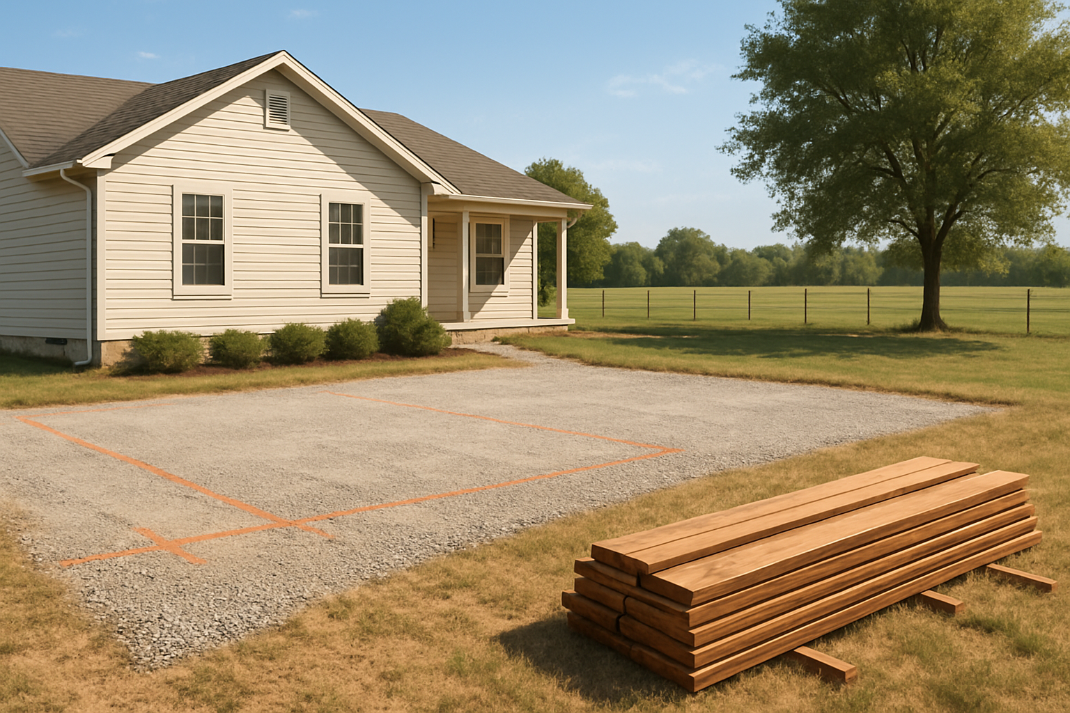 A residential property in Bells Texas in late summer with a cleared gravel driveway area ready for concrete paving, orange marking paint on the ground, form boards stacked nearby, green pasture in the background, bright August sunlight, realistic rural North Texas setting