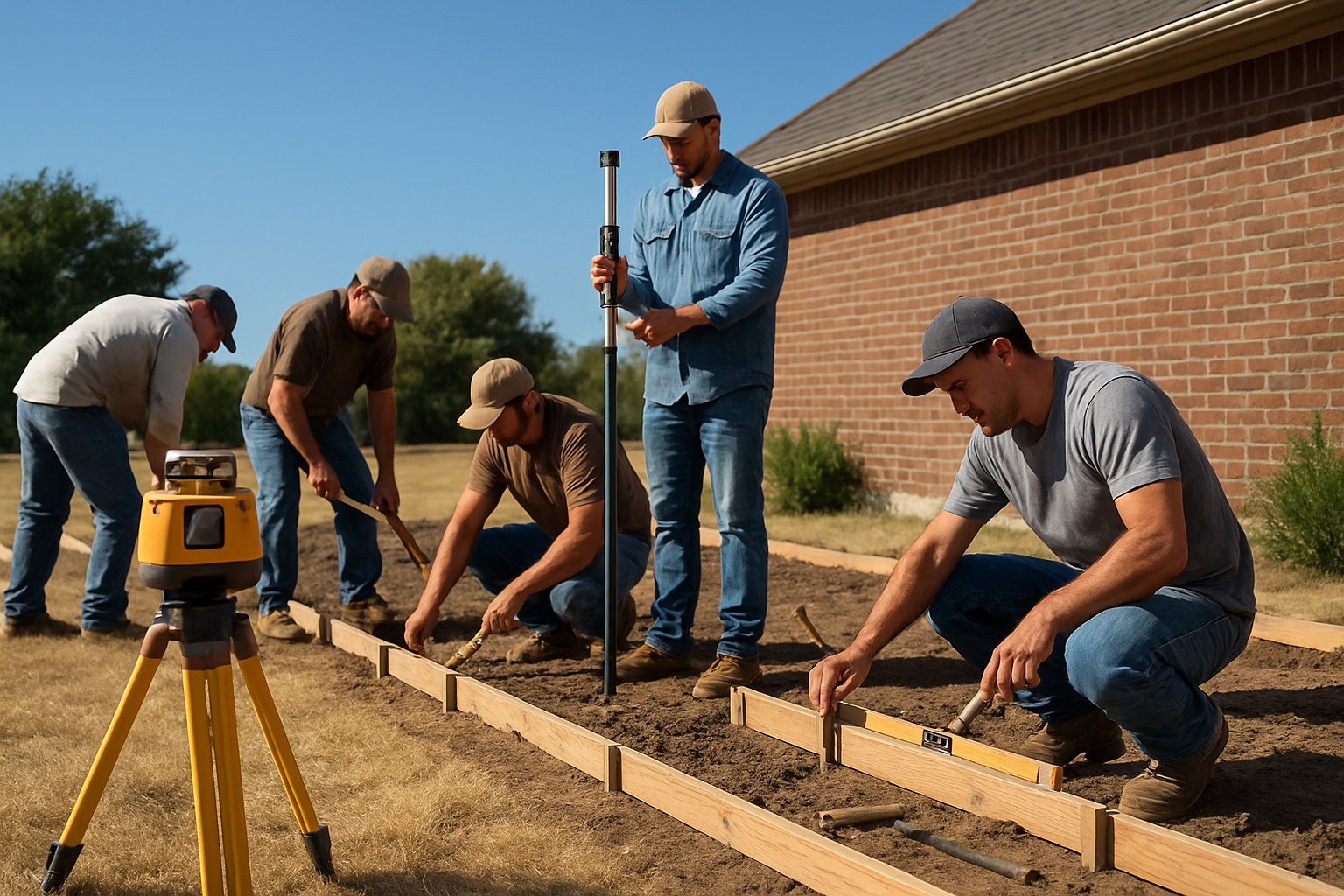 Concrete crew in North Texas setting wooden forms and checking grade for a new driveway beside a brick home, laser level and hand tools visible, dry August grass, clear blue sky, realistic construction preparation scene