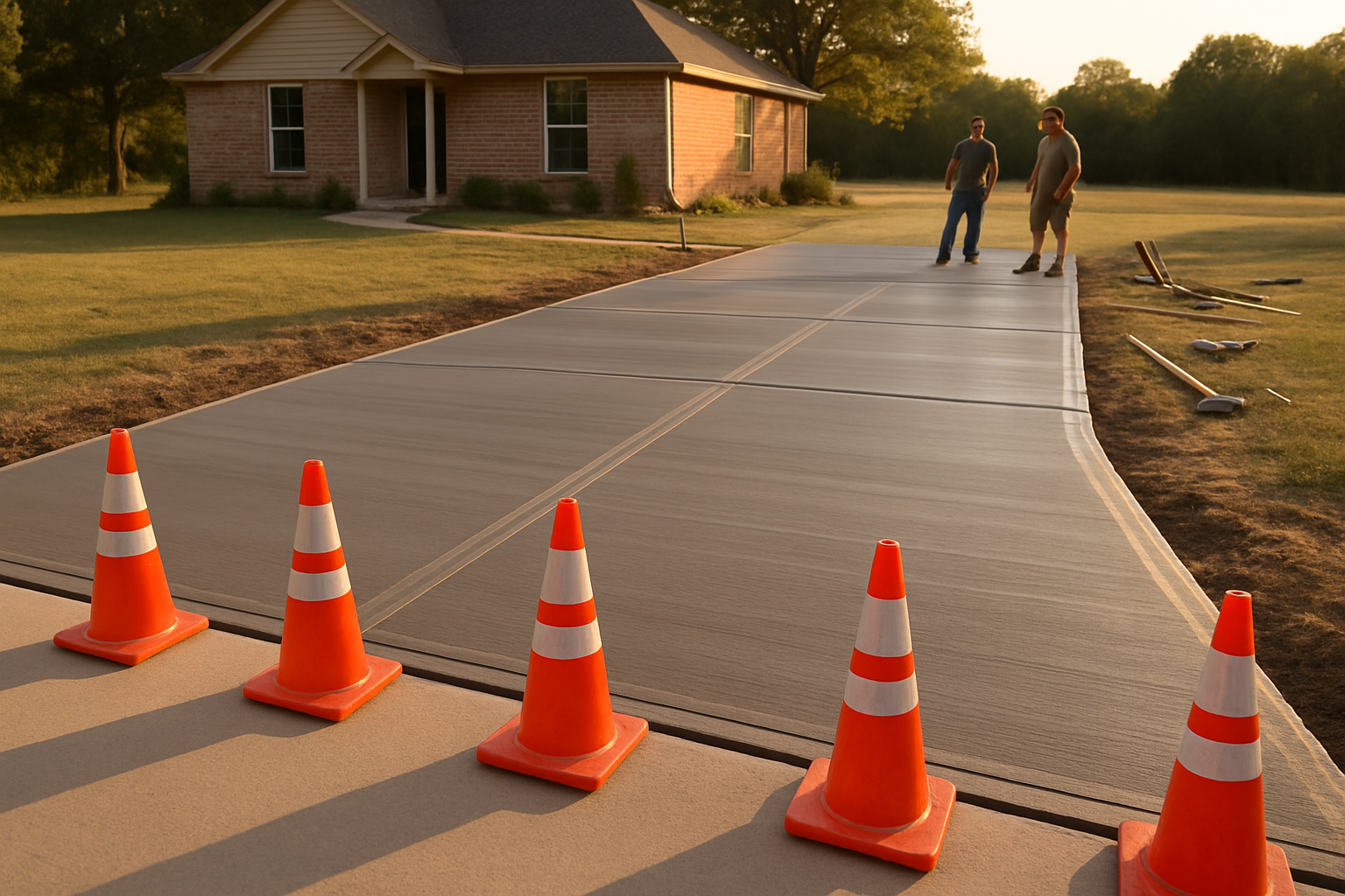 Freshly poured concrete driveway at a rural Bells Texas home with smooth broom finish, control joints, orange safety cones blocking access, warm evening August light, clean finished surface and construction tools in background