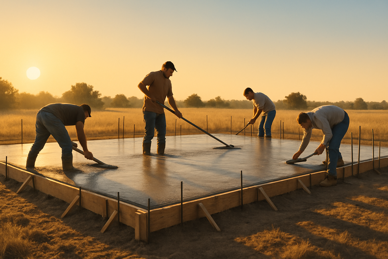 A newly poured concrete home foundation at sunrise in rural Bells, Texas, with workers finishing the slab, orange morning light, dry summer grass, construction forms, rebar, and a clear August sky
