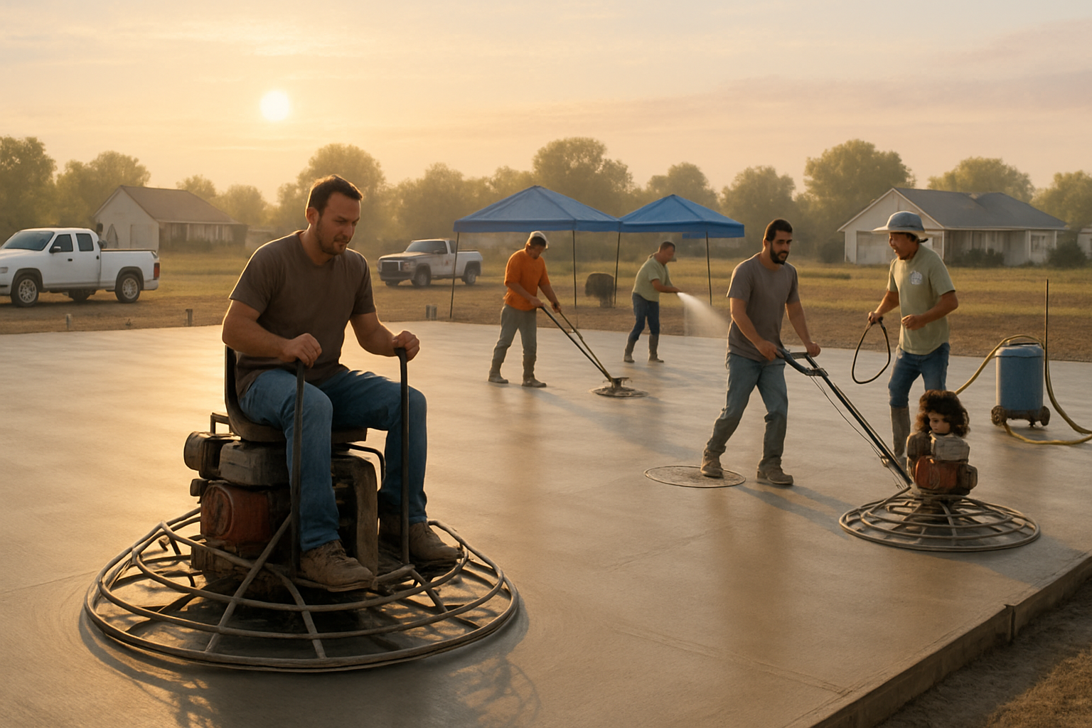 A concrete construction crew in Bells, Texas working early in the morning during August, smoothing a large residential slab with power trowels, water curing equipment nearby, pickup trucks, shade canopies, and rural homes in the background