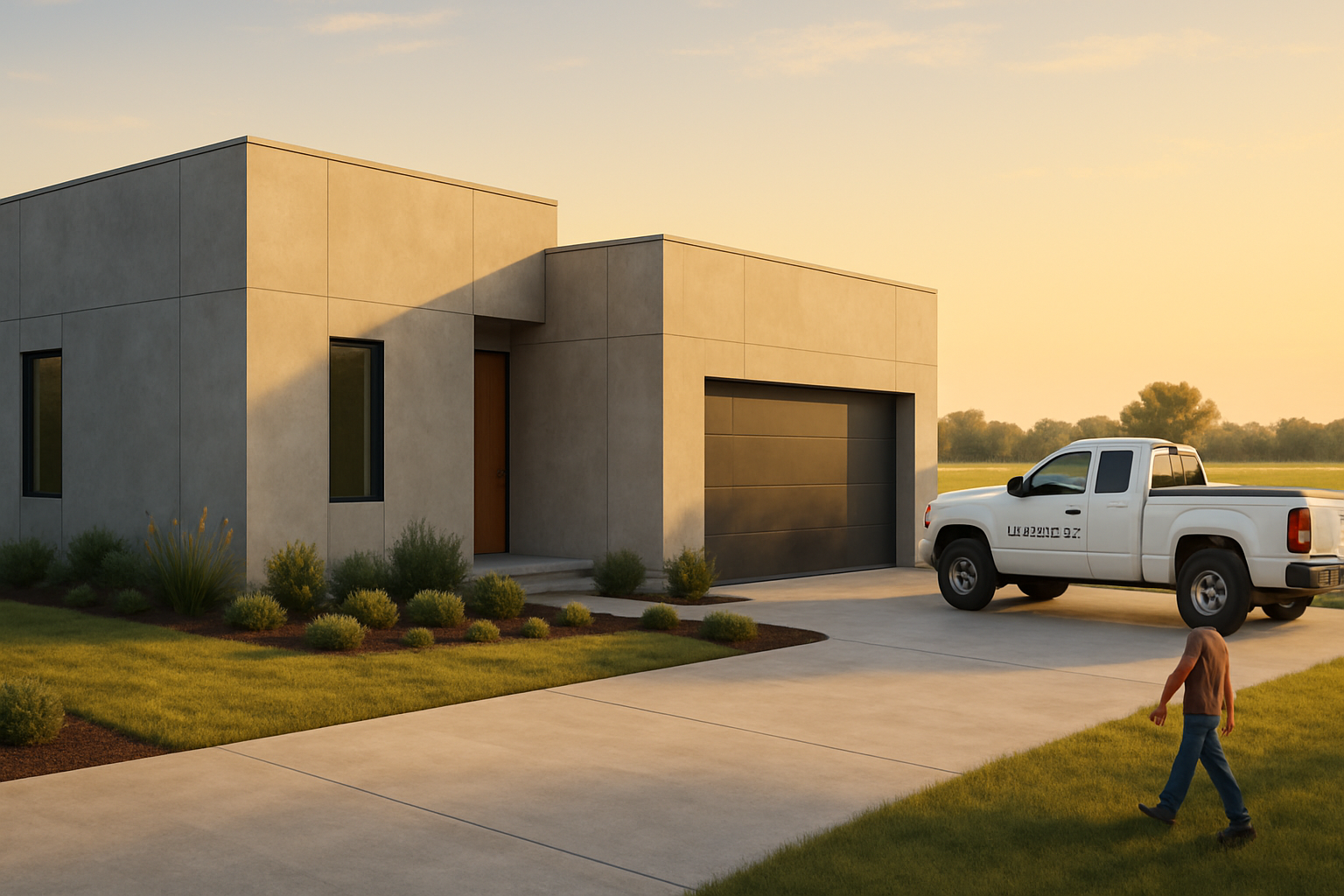 A finished modern concrete home exterior in Bells, Texas with a smooth concrete driveway, clean landscaping, late summer golden hour light, open pasture beyond the house, and a D and R Concrete Construction LLC work truck parked nearby