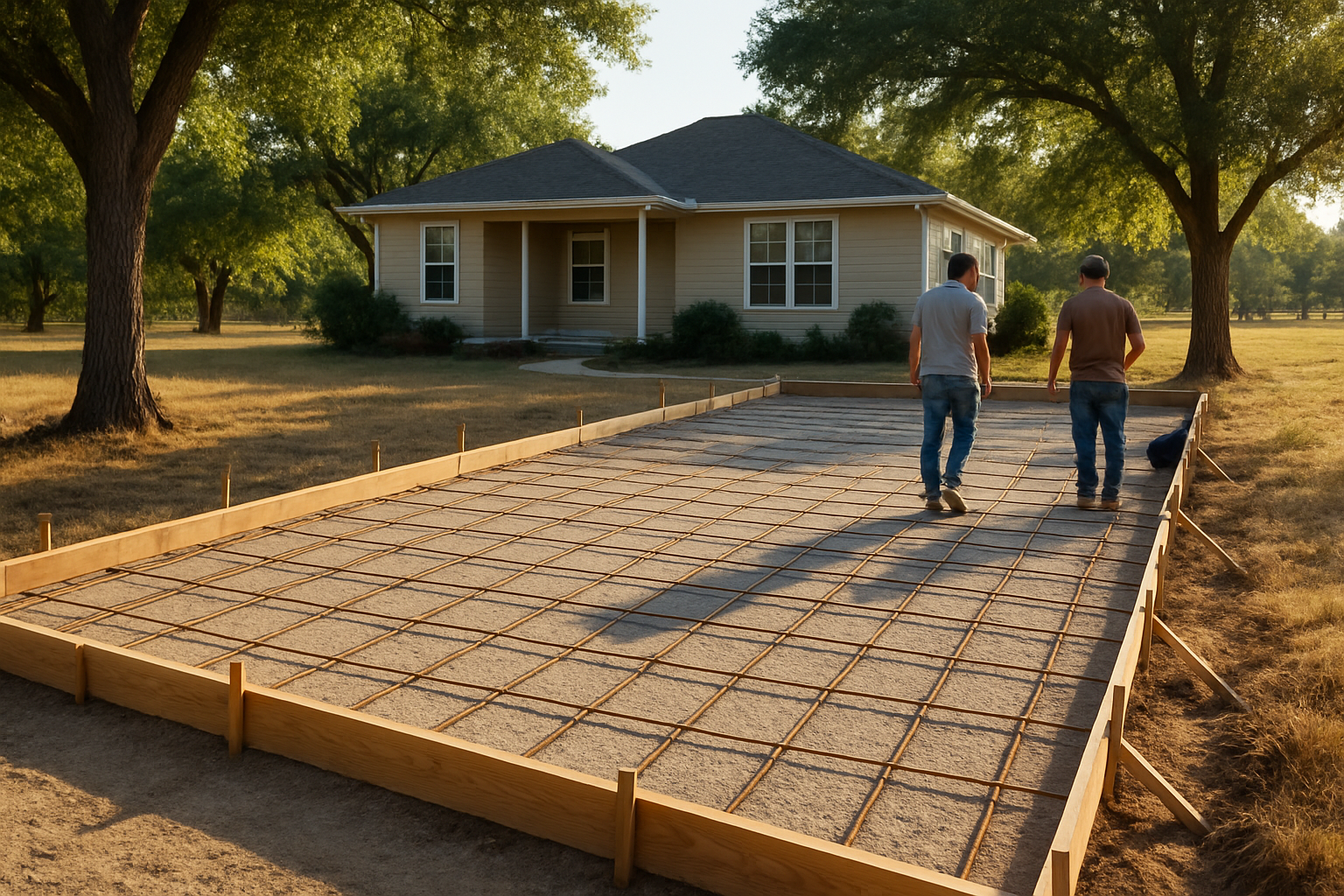 A freshly prepared residential concrete driveway form in Bells, Texas during late summer, with compacted base material, wooden forms, rebar grid, dry grass, mature shade trees, and bright August morning sunlight over a rural North Texas home