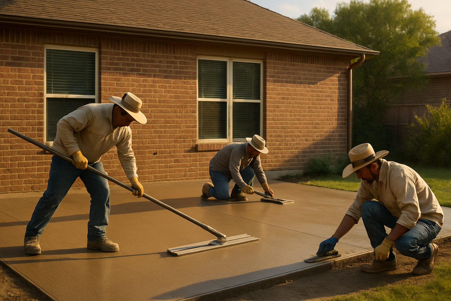 A D and R Concrete Construction LLC crew finishing a backyard concrete patio in Bells, TX, wearing work gloves and sun hats, with bull floats and hand tools, a brick home in the background, and warm late-summer Texas sunlight