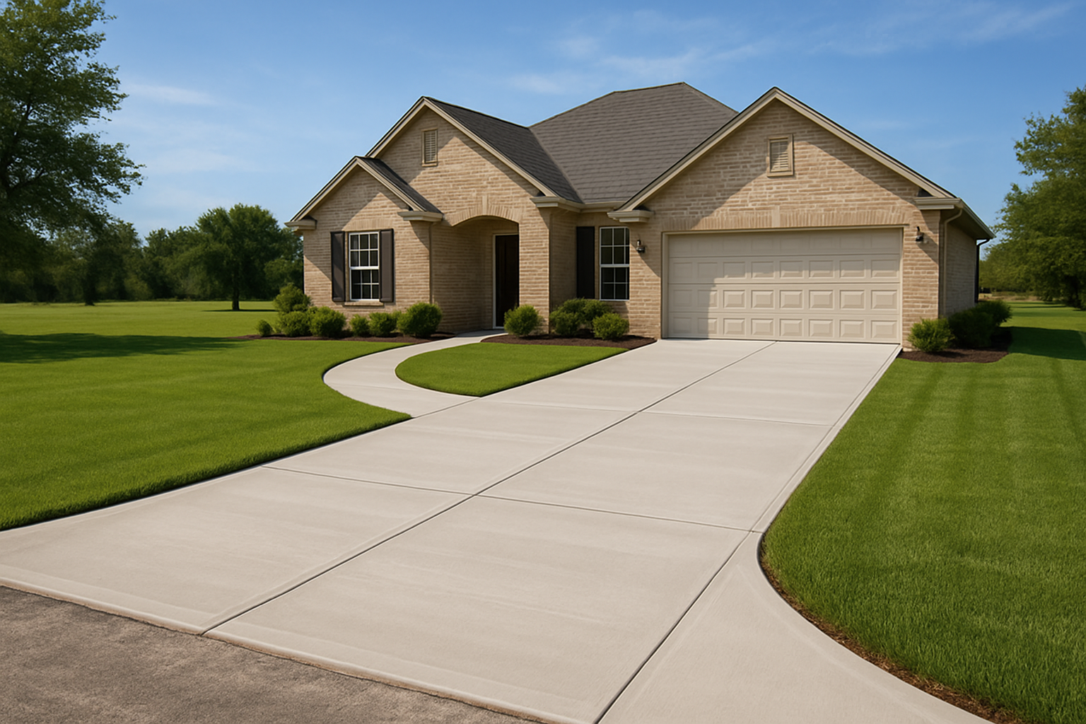 Finished residential concrete driveway and walkway at a country home in Bells, Texas, clean smooth broom finish, control joints visible, green lawn edges, blue late-summer sky, and a neat professional curb appeal look