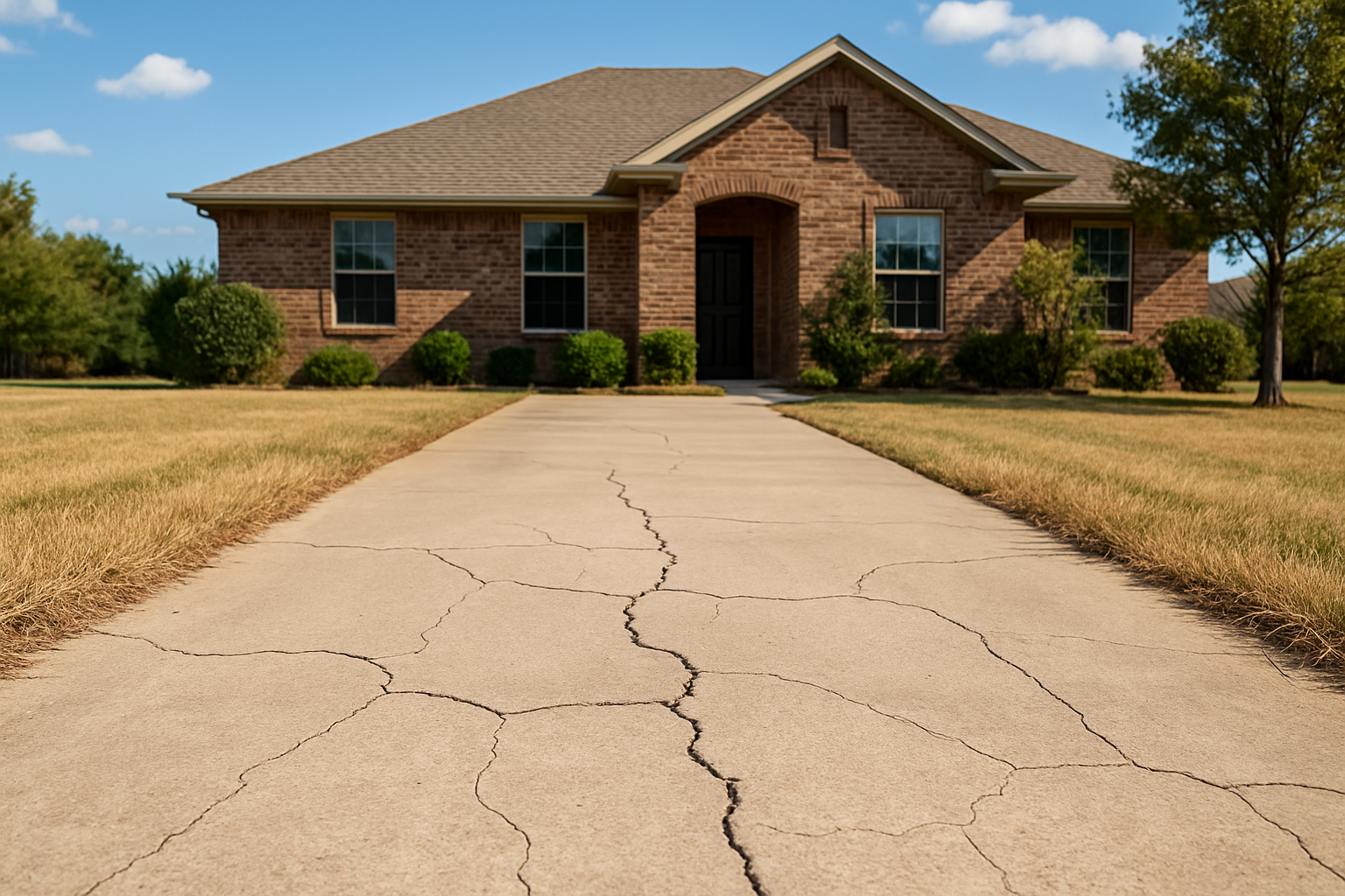 A residential concrete driveway in Bells, Texas in early September, showing small surface cracks and dry grass along the edges, with a brick home, blue sky, and late-summer sunlight in the background