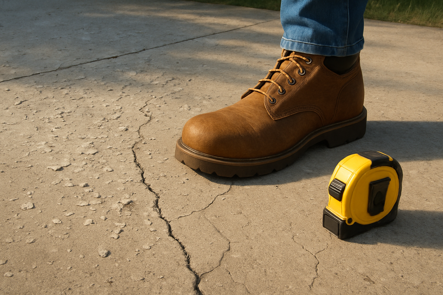 Close-up view of a concrete driveway surface with flaking, small chips, and visible cracks, with a work boot and tape measure nearby to show scale, photographed in natural Texas afternoon light
