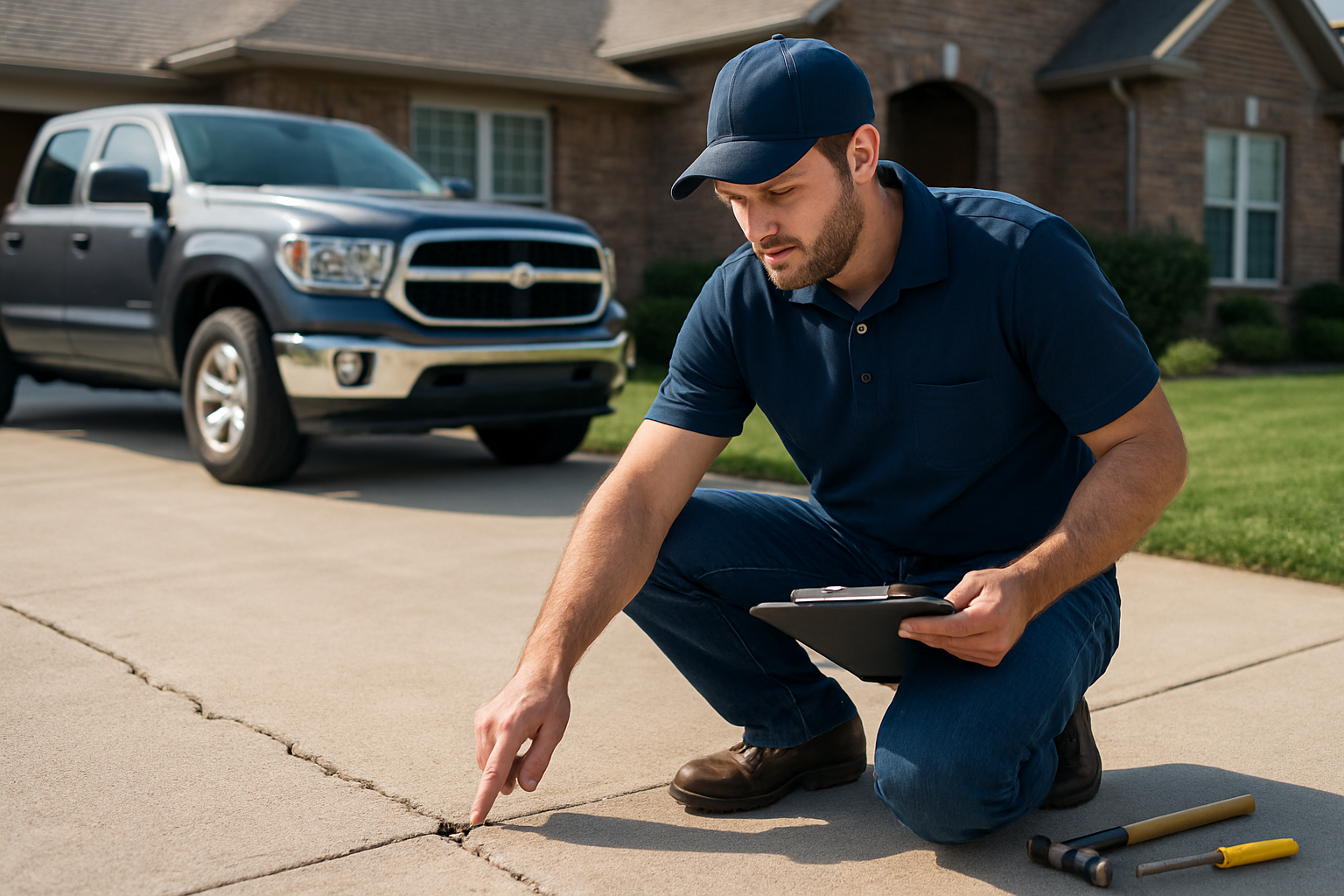 A professional concrete contractor inspecting a suburban driveway in Bells, Texas, kneeling near a crack with tools and a clipboard, with a pickup truck and neatly kept yard in the background