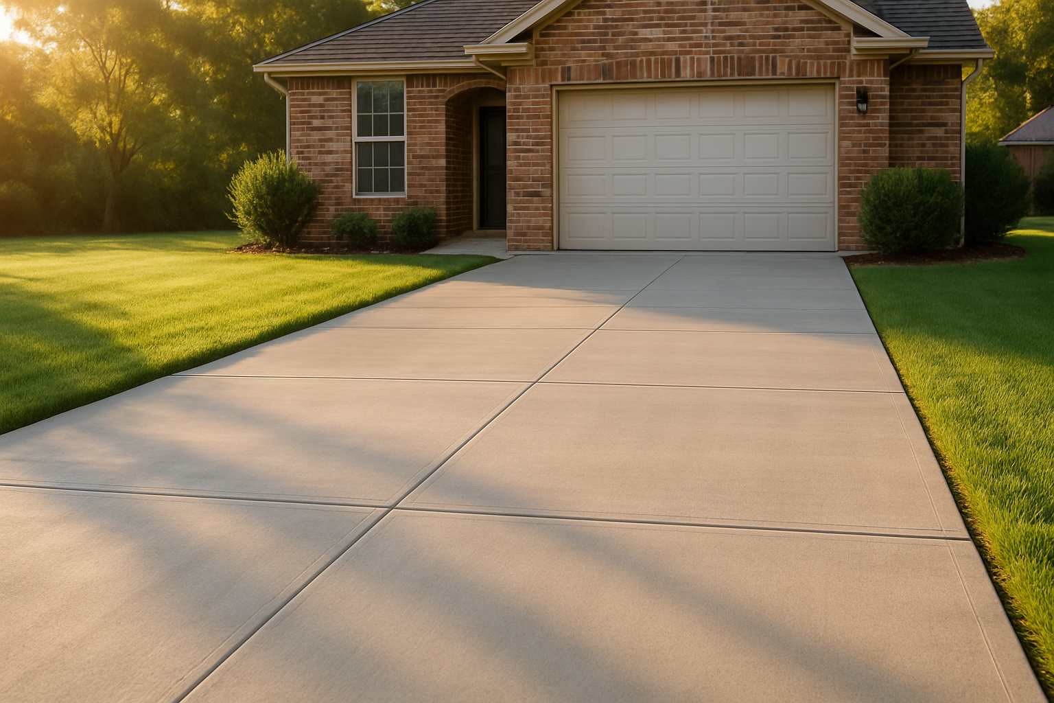 A clean newly poured concrete driveway in front of a brick home in Bells, Texas during early September, with green grass, warm late-summer sunlight, subtle expansion joints, and a professional finish that enhances curb appeal