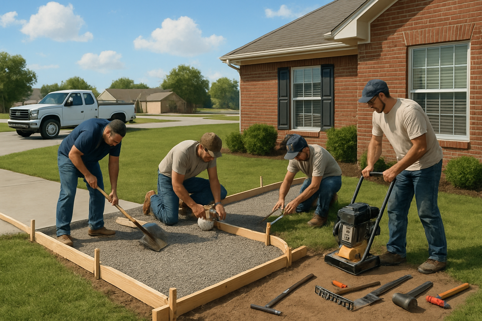 A professional concrete crew preparing forms and compacted base for a residential walkway in Bells, Texas, with September skies, work trucks nearby, wooden forms, gravel base, and tools arranged neatly before the concrete pour