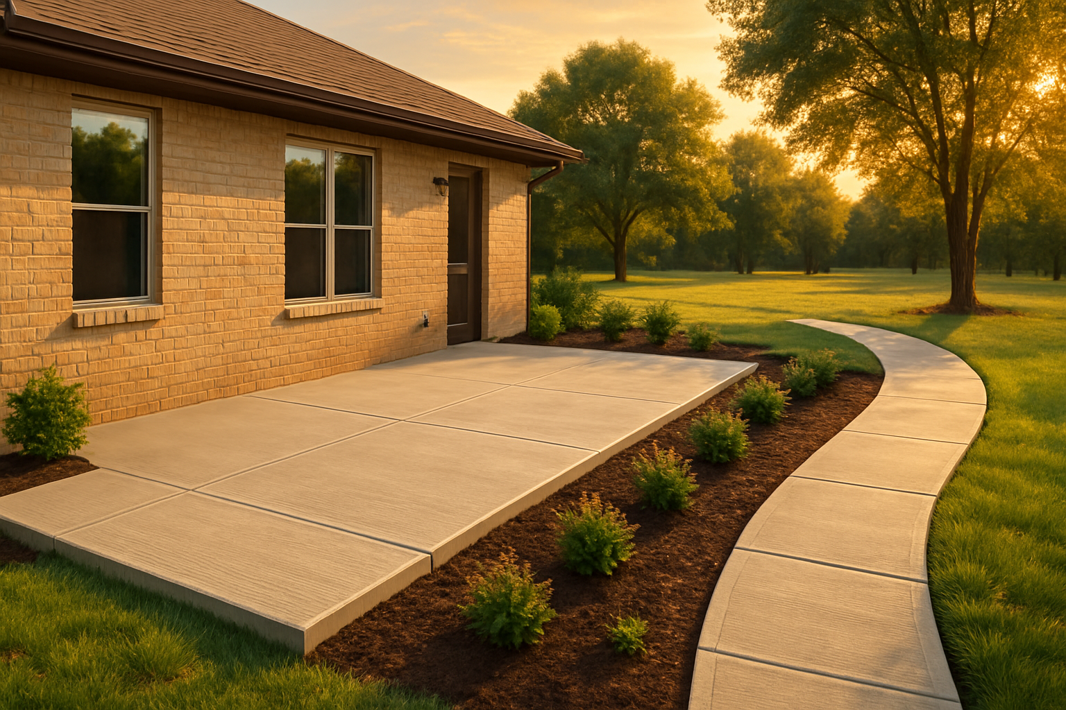 Finished concrete patio and walkway beside a North Texas home in Bells, TX, with a smooth broom finish, neat control joints, fresh landscaping, and soft golden September evening light showing a welcoming outdoor space