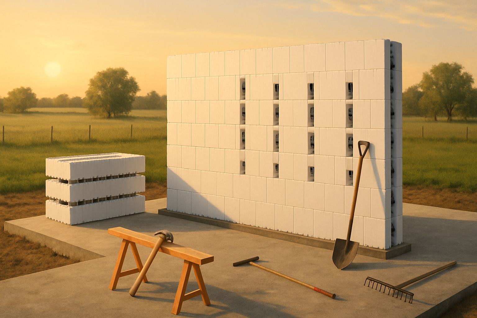 A September morning in Bells Texas showing a partially built insulated concrete form wall on a rural home site, with concrete forms stacked neatly, golden sunrise light, green pasture in the background, and construction tools arranged near the slab