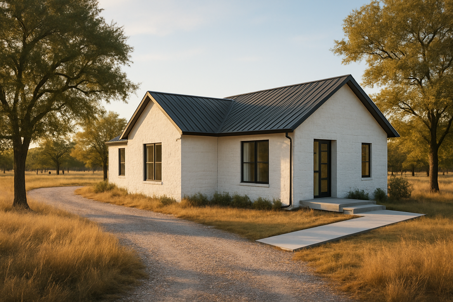 A finished insulated concrete form home exterior in rural North Texas during early fall, with warm afternoon sunlight, a gravel driveway, native grass, scattered oak trees, and a clean modern concrete entryway