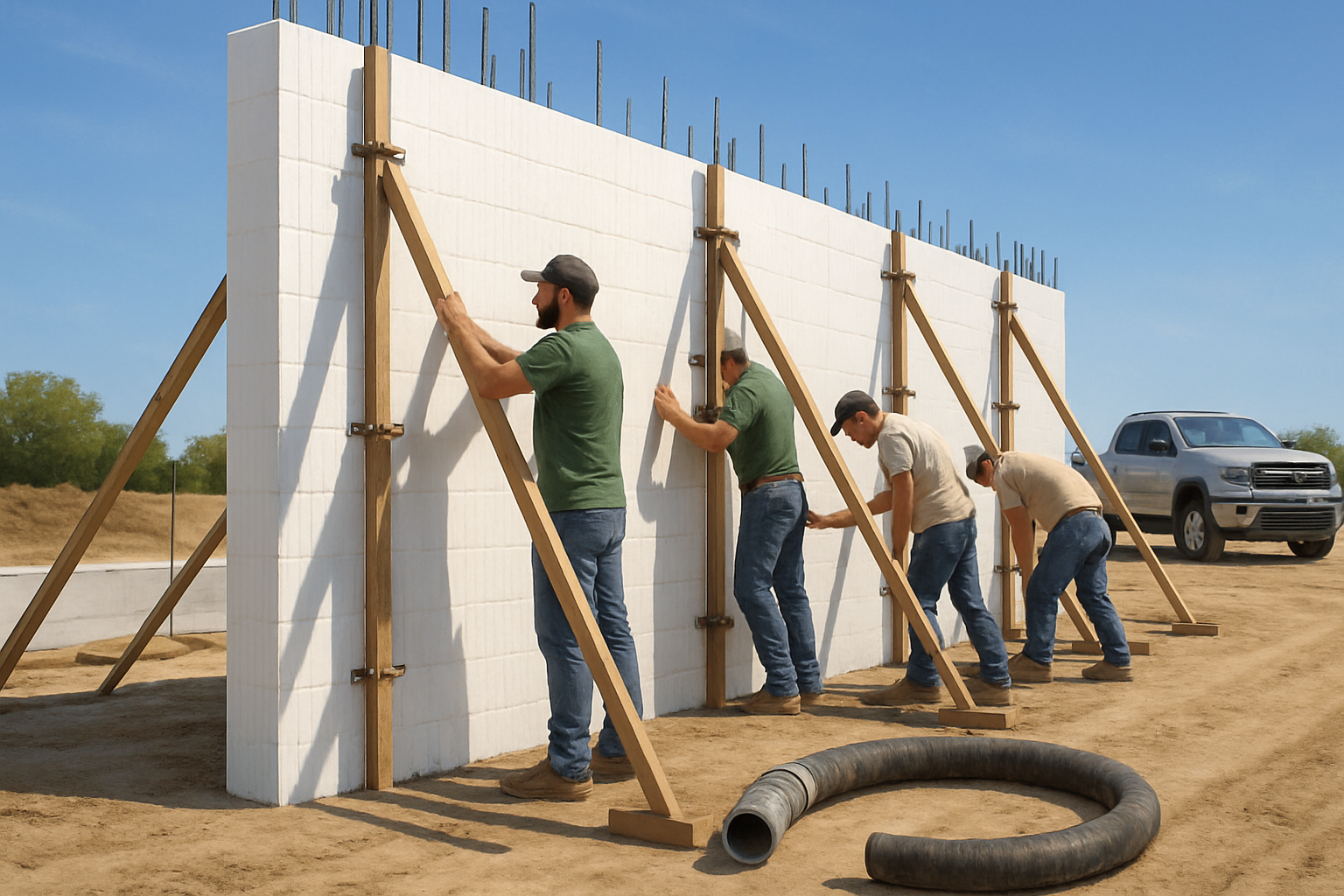 A D and R Concrete Construction LLC crew working on an insulated concrete form wall in Bells Texas, with workers checking alignment and bracing, concrete pump hose nearby, blue September sky, and a pickup truck at the jobsite