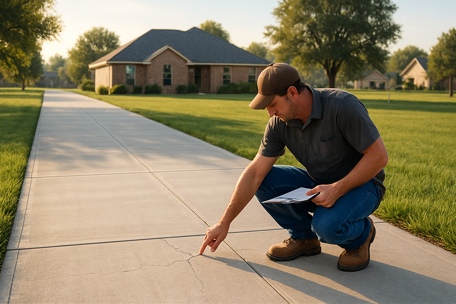 A clean residential concrete driveway in Bells, Texas in early September, morning sunlight, green grass on both sides, a worker inspecting control joints and small surface cracks with a clipboard, warm rural North Texas neighborhood setting