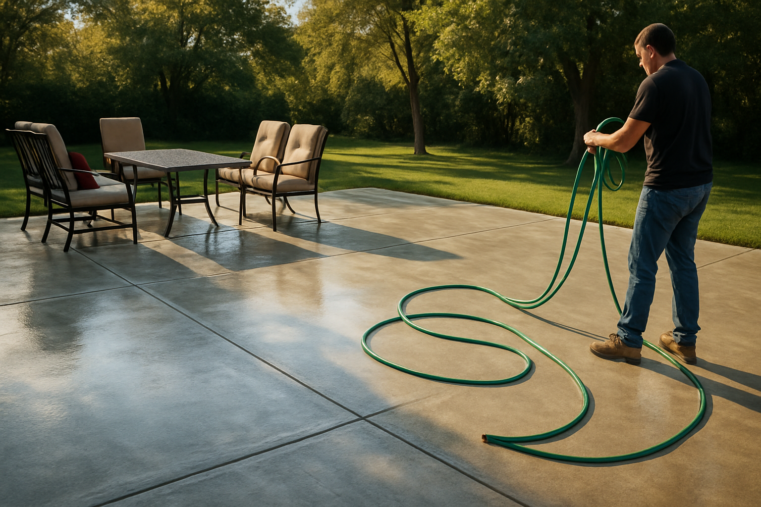 A freshly cleaned concrete patio in Bells, TX with patio furniture moved aside, a garden hose nearby, late afternoon September light, trees in the background, visible expansion joints and clean slab surface