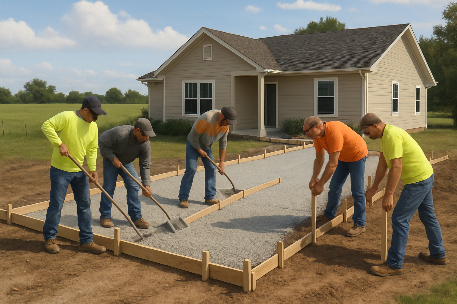 Concrete crew forming and preparing a new residential driveway pour in Bells, Texas, wooden forms set, compacted base visible, workers in safety gear, rural home and open sky in the background during mild September weather