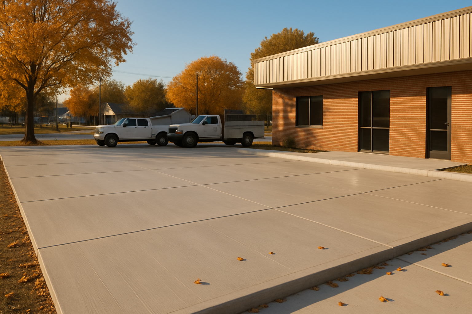 A clean newly poured concrete parking area outside a small commercial building in Bells, Texas during October, with golden fall sunlight, a few scattered leaves, work trucks nearby, and smooth finished concrete curing under clear blue skies
