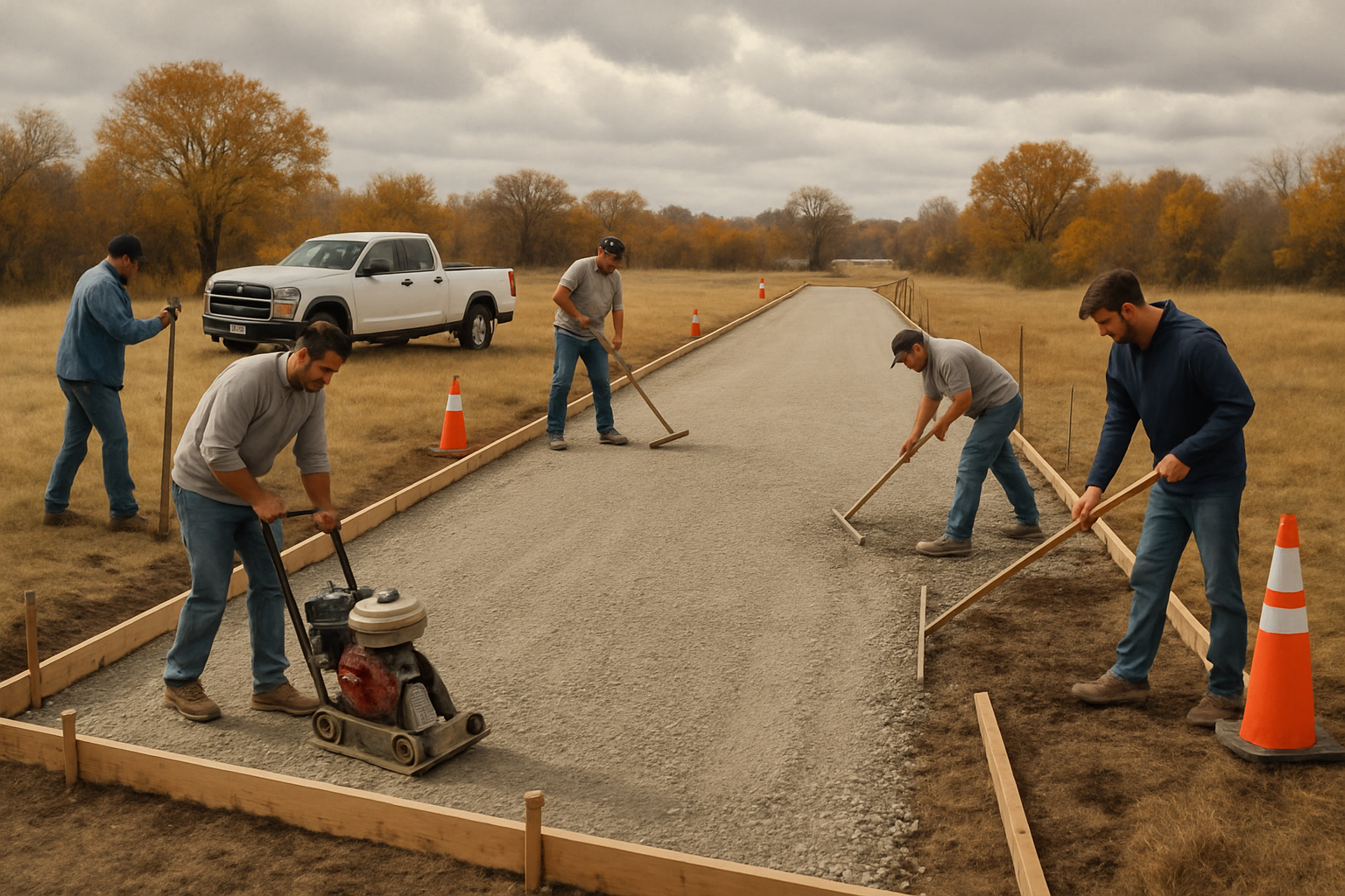 A D and R Concrete Construction LLC crew preparing forms and compacted base for a wide concrete driveway on a rural Bells, Texas property in autumn, with pickup trucks, orange safety cones, fall grass, and cloudy October skies