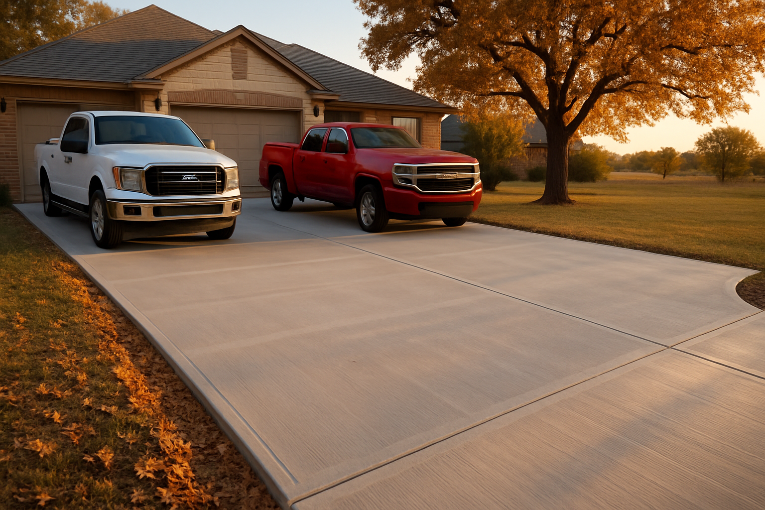 A finished concrete driveway and parking pad at a Texas home near Bells in late October, with pickup trucks parked neatly, fallen oak leaves along the edges, warm evening light, and a clean broom-finished surface