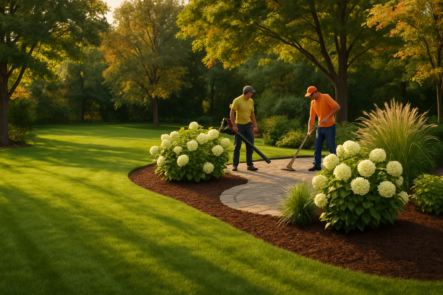 A professionally maintained residential backyard in Rochester Minnesota in late August, with a green lawn, fresh mulch beds, hydrangeas and ornamental grasses near a paver patio, warm evening sunlight, mature trees in the background, and subtle hints of early fall color