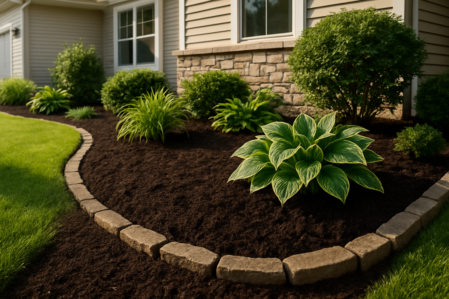 Close-up of fresh dark brown mulch installed around neatly edged landscape beds in front of a Rochester Minnesota home, with hostas, daylilies, shrubs, and natural stone edging, showing clean professional workmanship on a late summer morning