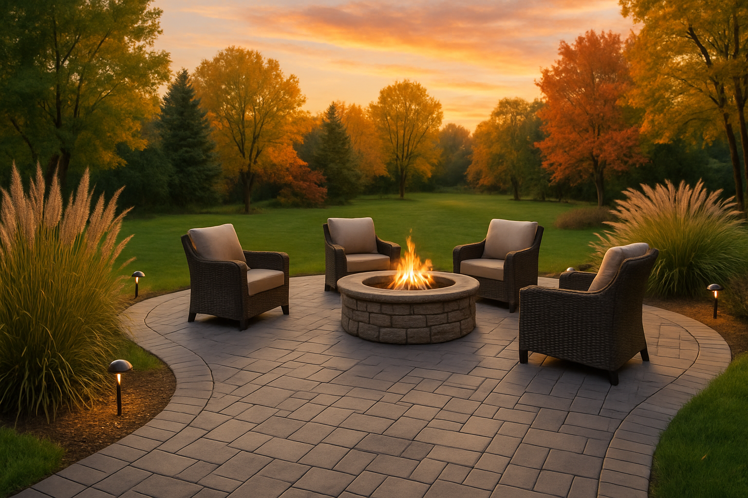 A beautiful paver patio and walkway in a Rochester Minnesota backyard prepared for fall, with clean pavers, a stone fire pit, comfortable outdoor seating, landscape lighting, ornamental grasses, and trees beginning to show slight autumn color at sunset