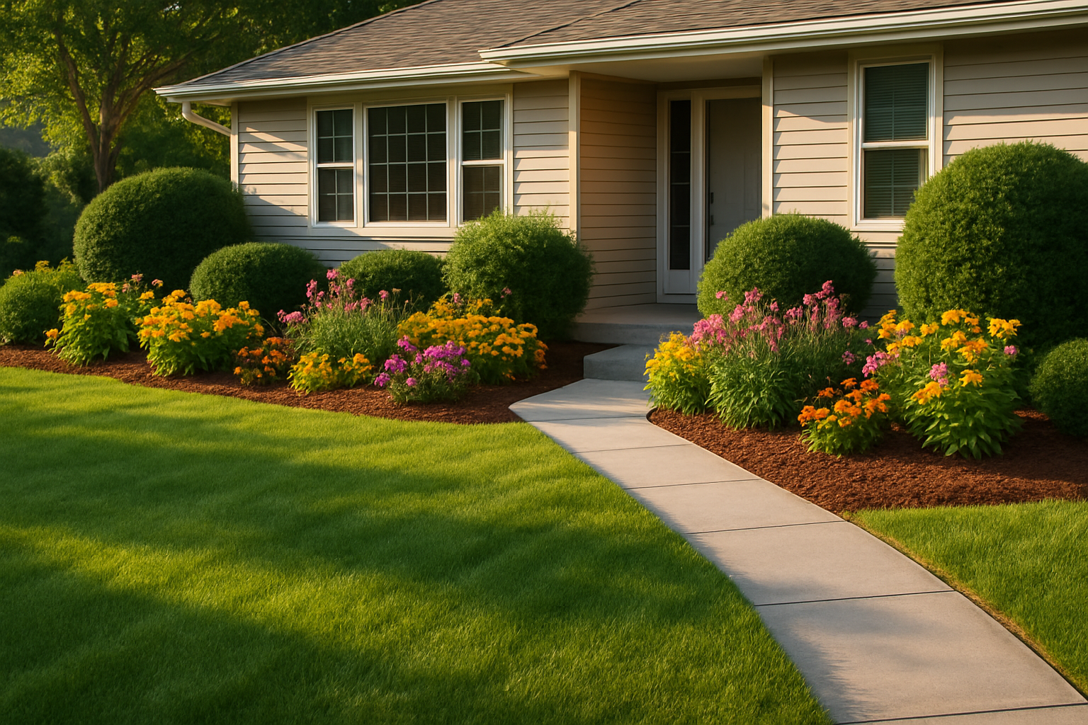 A well-maintained residential front yard in Rochester Minnesota in late August, lush green lawn with slight golden evening light, trimmed shrubs, colorful late-summer perennials, fresh mulch beds, and a clean concrete walkway leading to a Midwest home