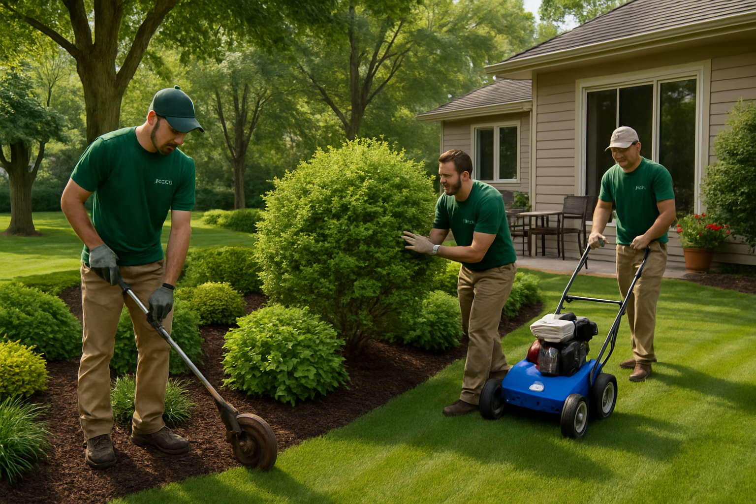 Professional landscaping team from Distinctive Lawn and Landscape Inc working in a Rochester MN backyard in late summer, edging a garden bed, checking shrubs, and preparing a lawn for fall aeration, with mature trees and a patio nearby